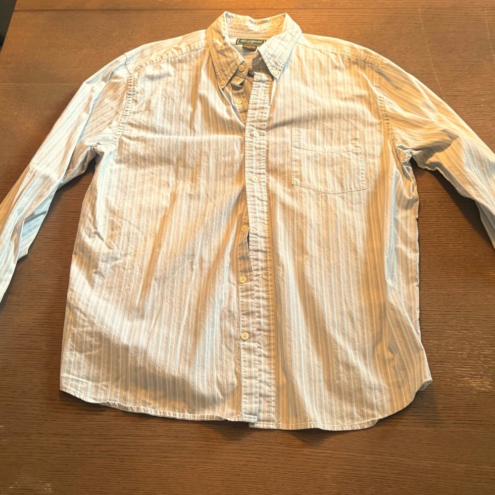 Eddie Bauer Mens XL Long Sleeve Striped Button Down Shirt Blue Tan Cotton Casual